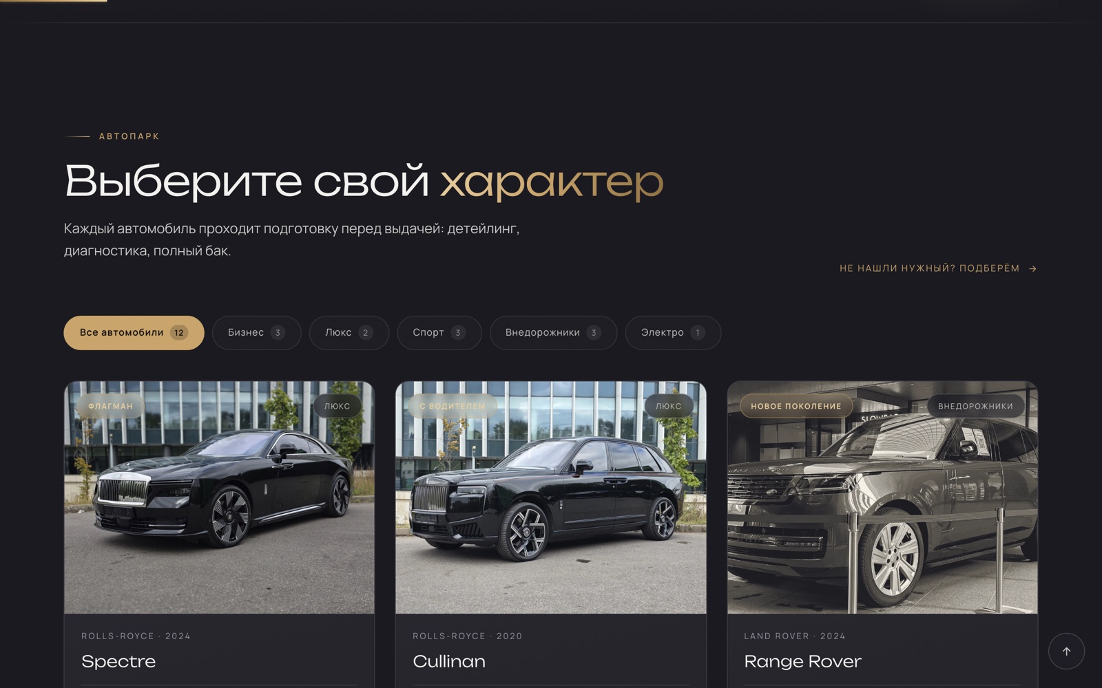 Витрина парка: фильтры по классам — бизнес, люкс, спорт, внедорожники, электро — и карточки автомобилей с бейджами